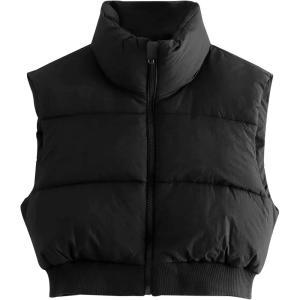 Gihuo Women’s Cropped Puffer Vest Sleeveless Puffer Jacket Padded Gilet Outerwear Winter Full Zip Lightweight Coat(Black)