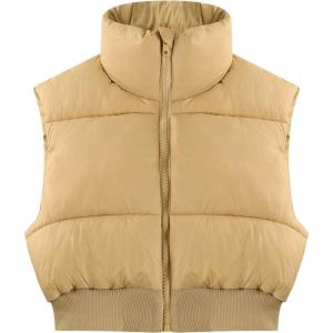 Gihuo Women’s Cropped Puffer Vest Sleeveless Puffer Jacket Padded Gilet Outerwear Winter Full Zip Lightweight Coat(Khaki)