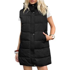 Gihuo Women’s Long Puffer Vest Winter Warm Quilted Hooded Zip Up Sleeveless Jacket Vest Gilet (X-Large, Black)