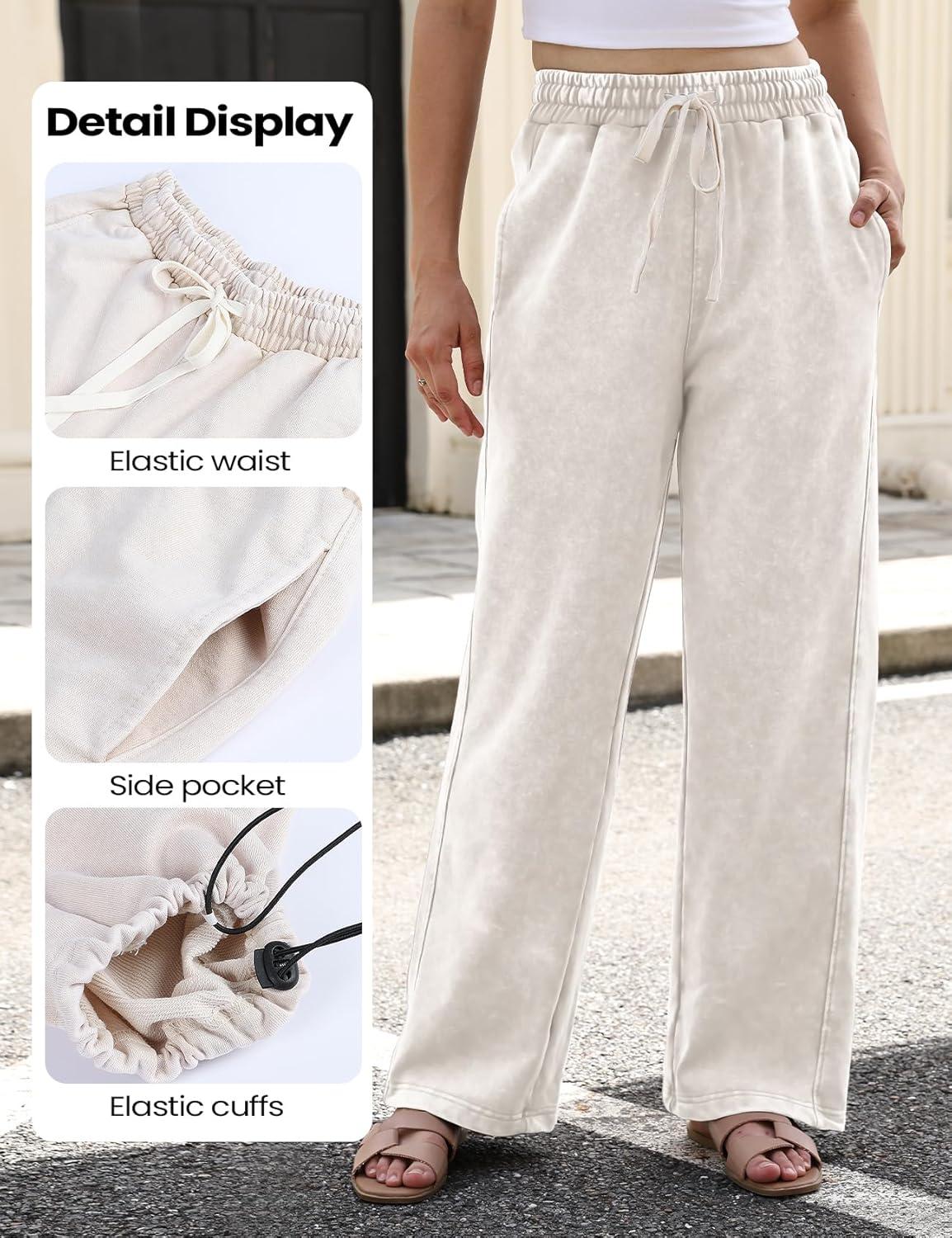 imageGihuo Womens Baggy Sweatpants Wide Leg Palazzo Pants Acid Wash Cotton Pants Drawstring Athletic Jogger with PocketsApricot