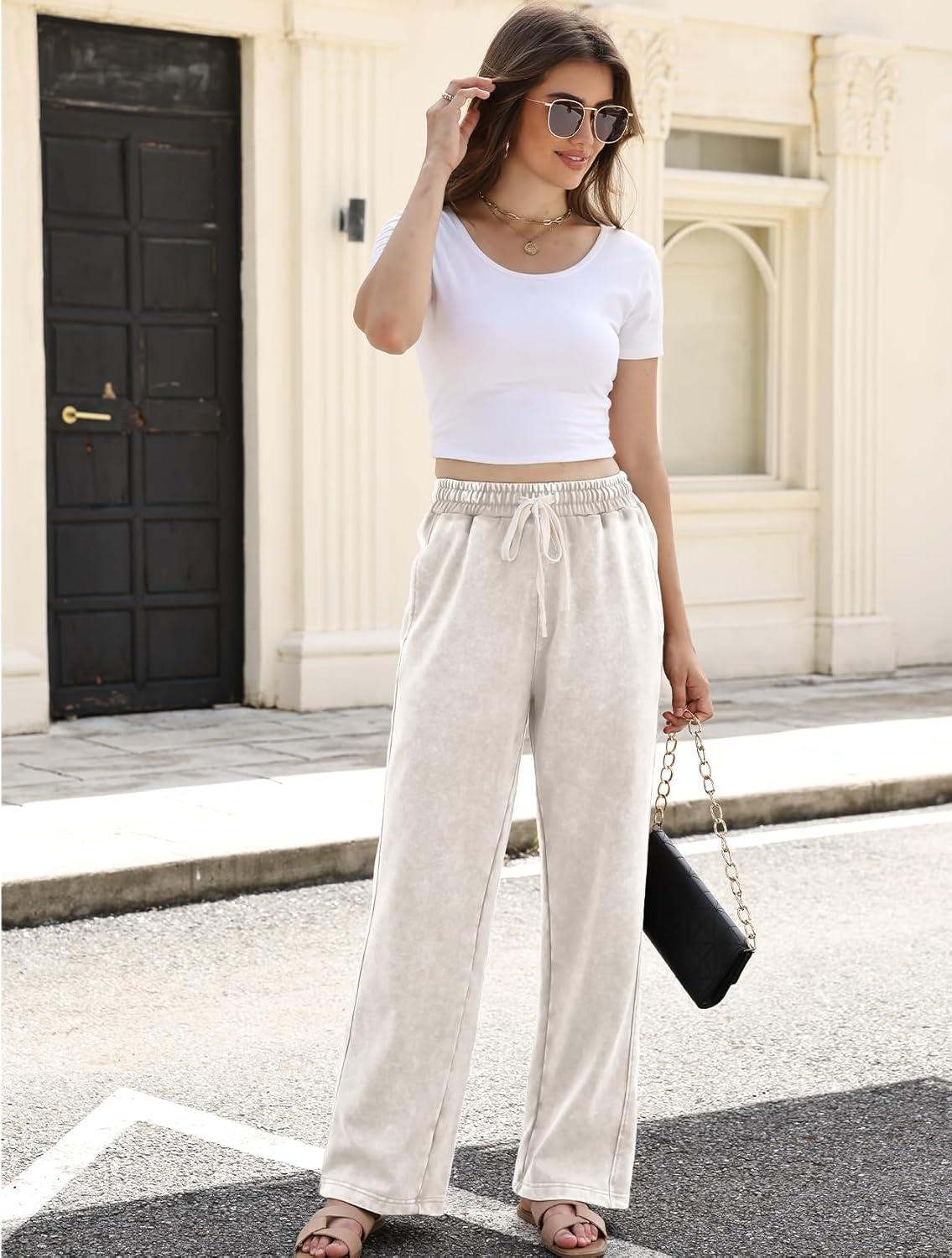 imageGihuo Womens Baggy Sweatpants Wide Leg Palazzo Pants Acid Wash Cotton Pants Drawstring Athletic Jogger with PocketsApricot