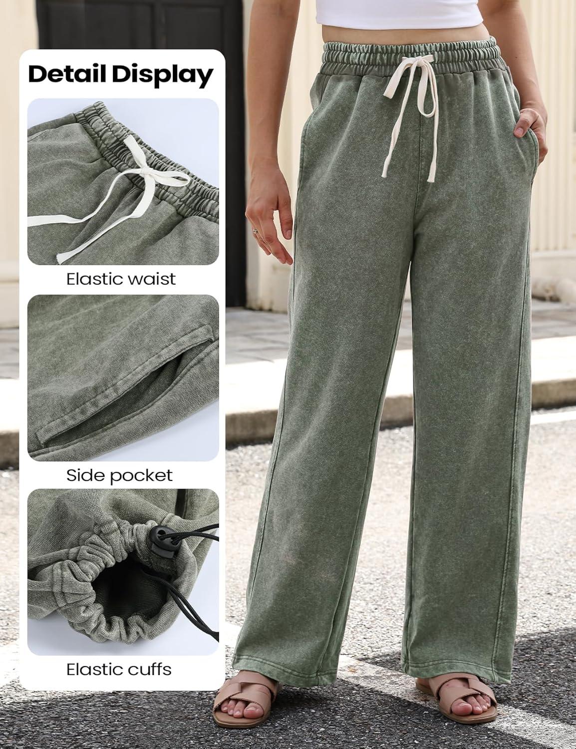 imageGihuo Womens Baggy Sweatpants Wide Leg Palazzo Pants Acid Wash Cotton Pants Drawstring Athletic Jogger with PocketsArmy