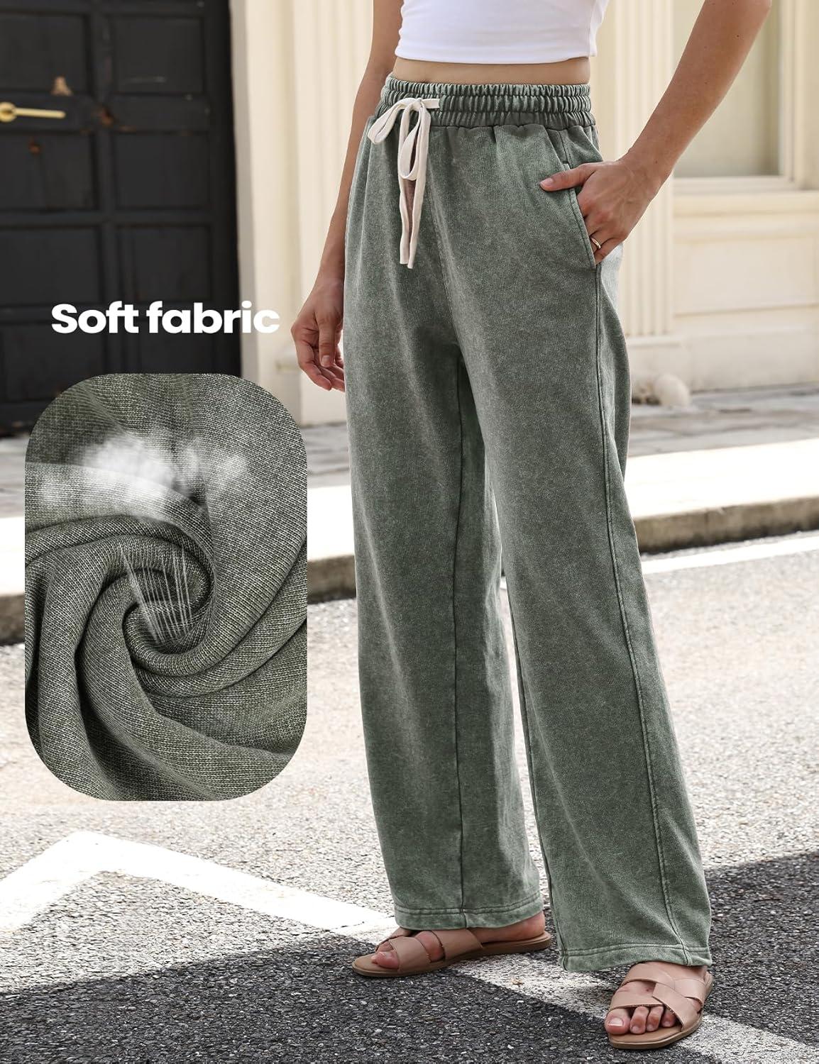 imageGihuo Womens Baggy Sweatpants Wide Leg Palazzo Pants Acid Wash Cotton Pants Drawstring Athletic Jogger with PocketsArmy