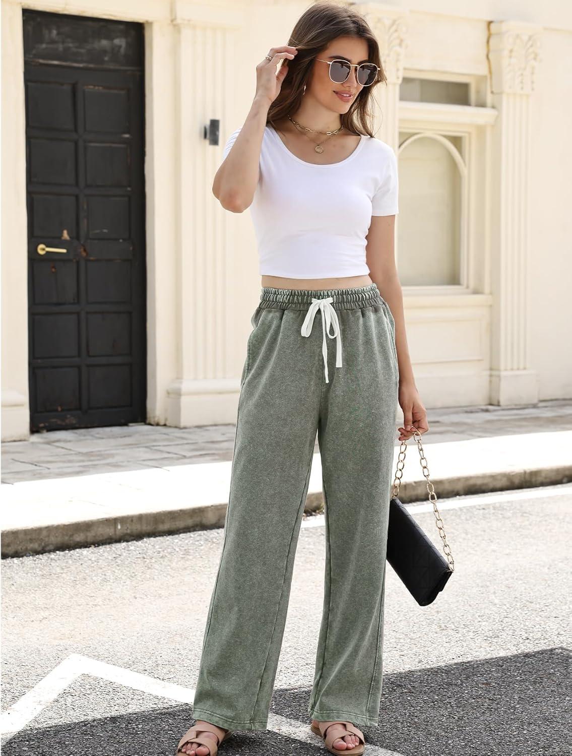 imageGihuo Womens Baggy Sweatpants Wide Leg Palazzo Pants Acid Wash Cotton Pants Drawstring Athletic Jogger with PocketsArmy