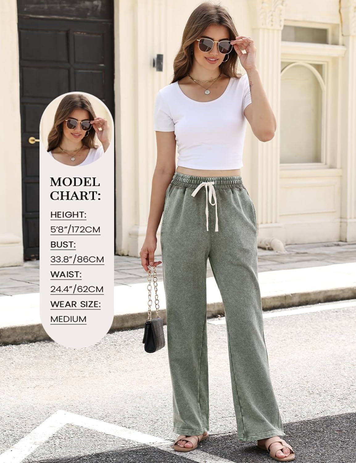 imageGihuo Womens Baggy Sweatpants Wide Leg Palazzo Pants Acid Wash Cotton Pants Drawstring Athletic Jogger with PocketsArmy