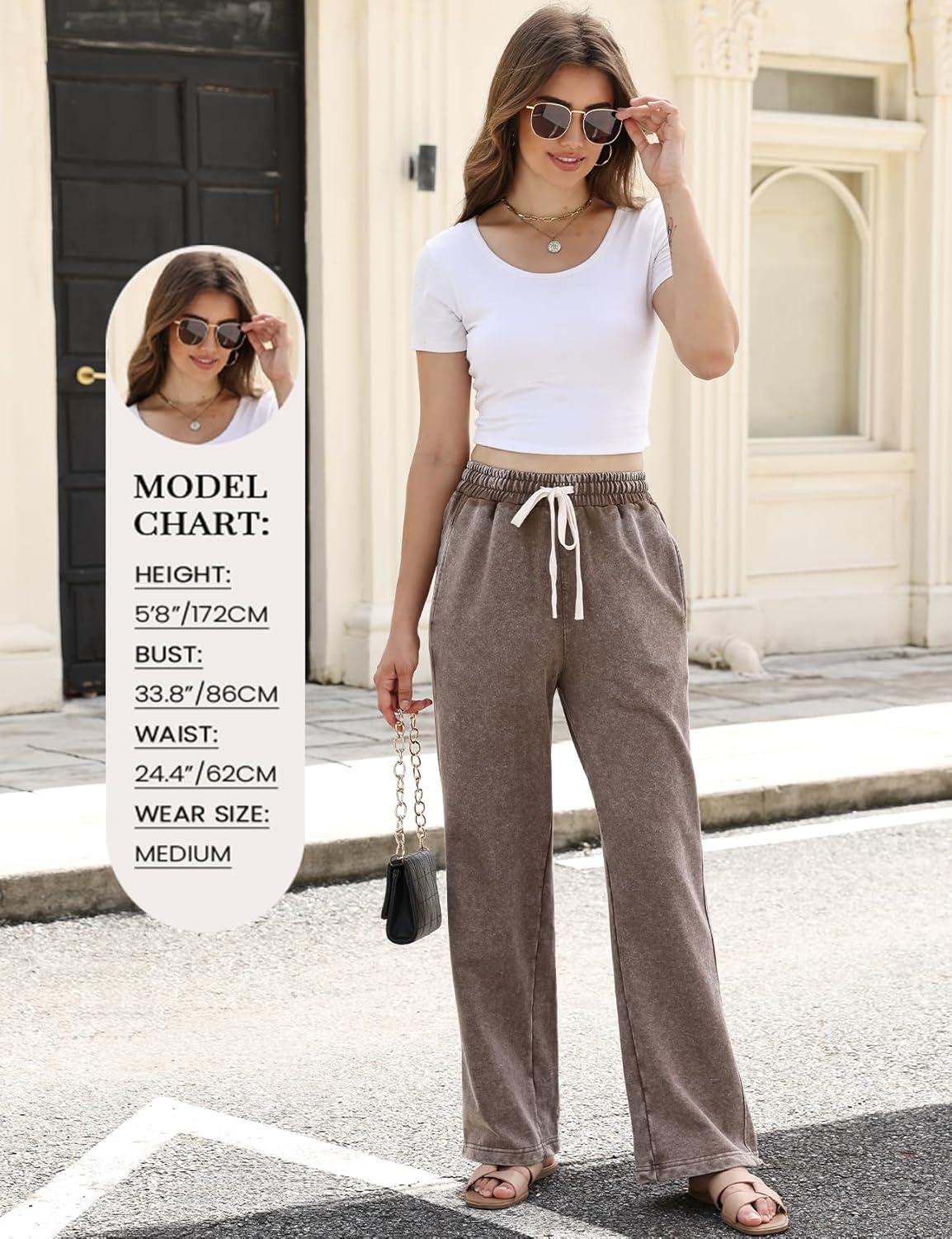 imageGihuo Womens Baggy Sweatpants Wide Leg Palazzo Pants Acid Wash Cotton Pants Drawstring Athletic Jogger with PocketsBrown