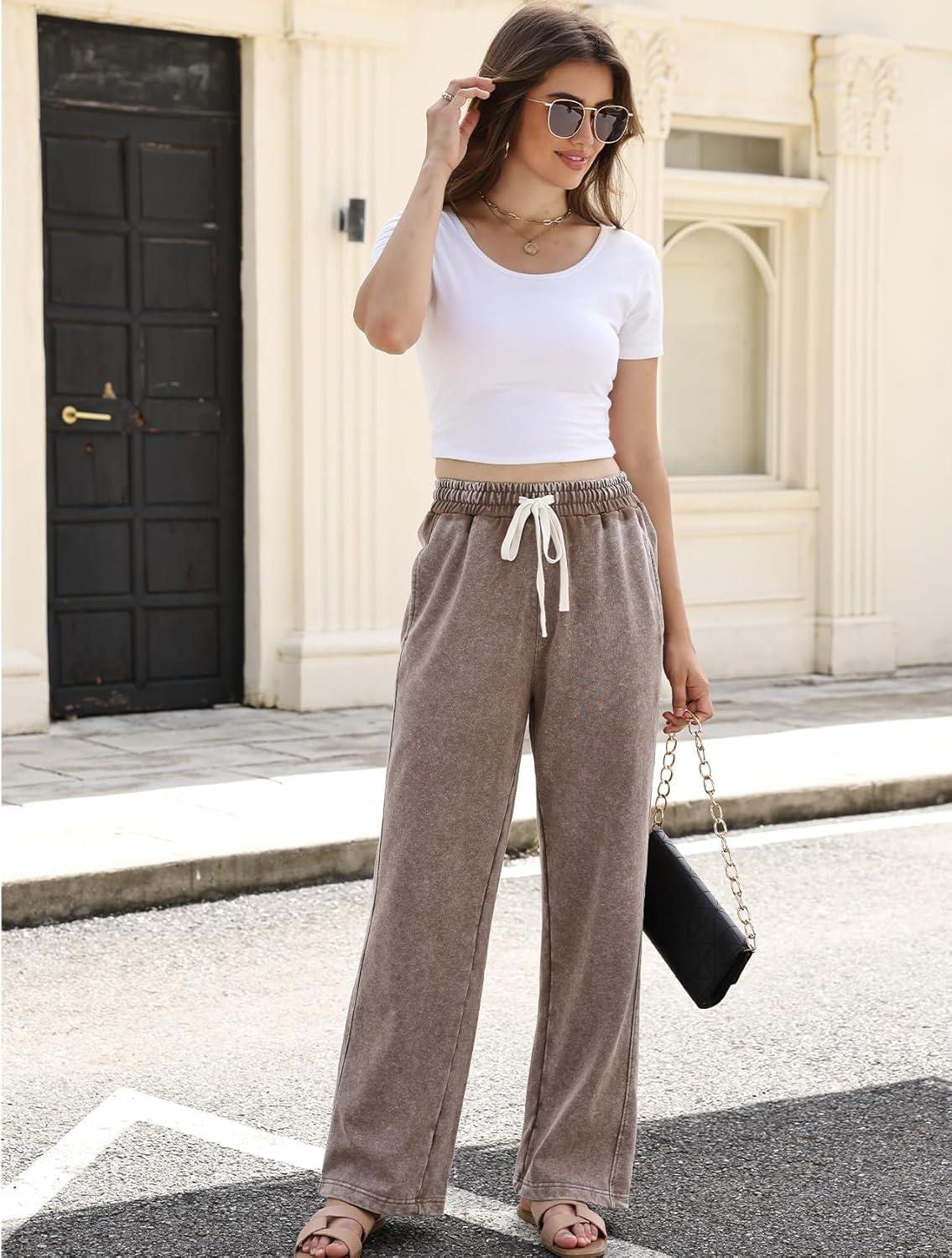 imageGihuo Womens Baggy Sweatpants Wide Leg Palazzo Pants Acid Wash Cotton Pants Drawstring Athletic Jogger with PocketsBrown