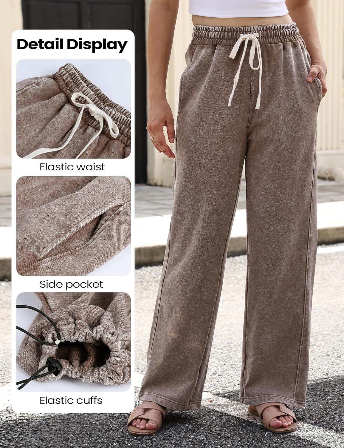 imageGihuo Womens Baggy Sweatpants Wide Leg Palazzo Pants Acid Wash Cotton Pants Drawstring Athletic Jogger with PocketsBrown