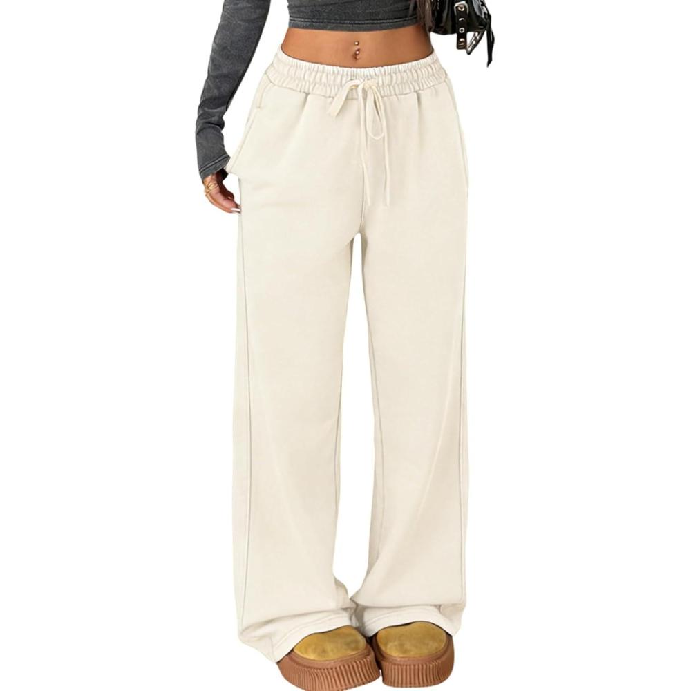 imageGihuo Womens Baggy Sweatpants Wide Leg Palazzo Pants Acid Wash Cotton Pants Drawstring Athletic Jogger with PocketsApricot