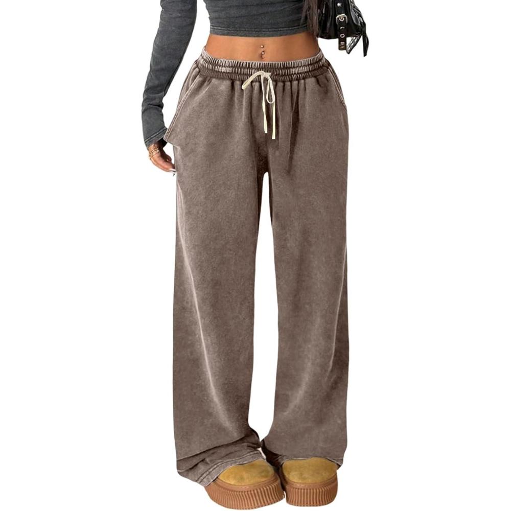 imageGihuo Womens Baggy Sweatpants Wide Leg Palazzo Pants Acid Wash Cotton Pants Drawstring Athletic Jogger with PocketsBrown