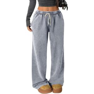 Gihuo Womens Baggy Sweatpants Wide Leg Palazzo Pants Acid Wash Cotton Pants Drawstring Athletic Jogger with Pockets(Grey)