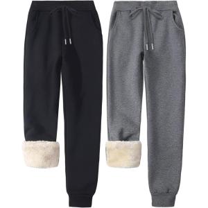 Gihuo Women’s Sherpa Lined Sweatpants Winter Warm Fleece Jogger Pants(Black+darkgrey)