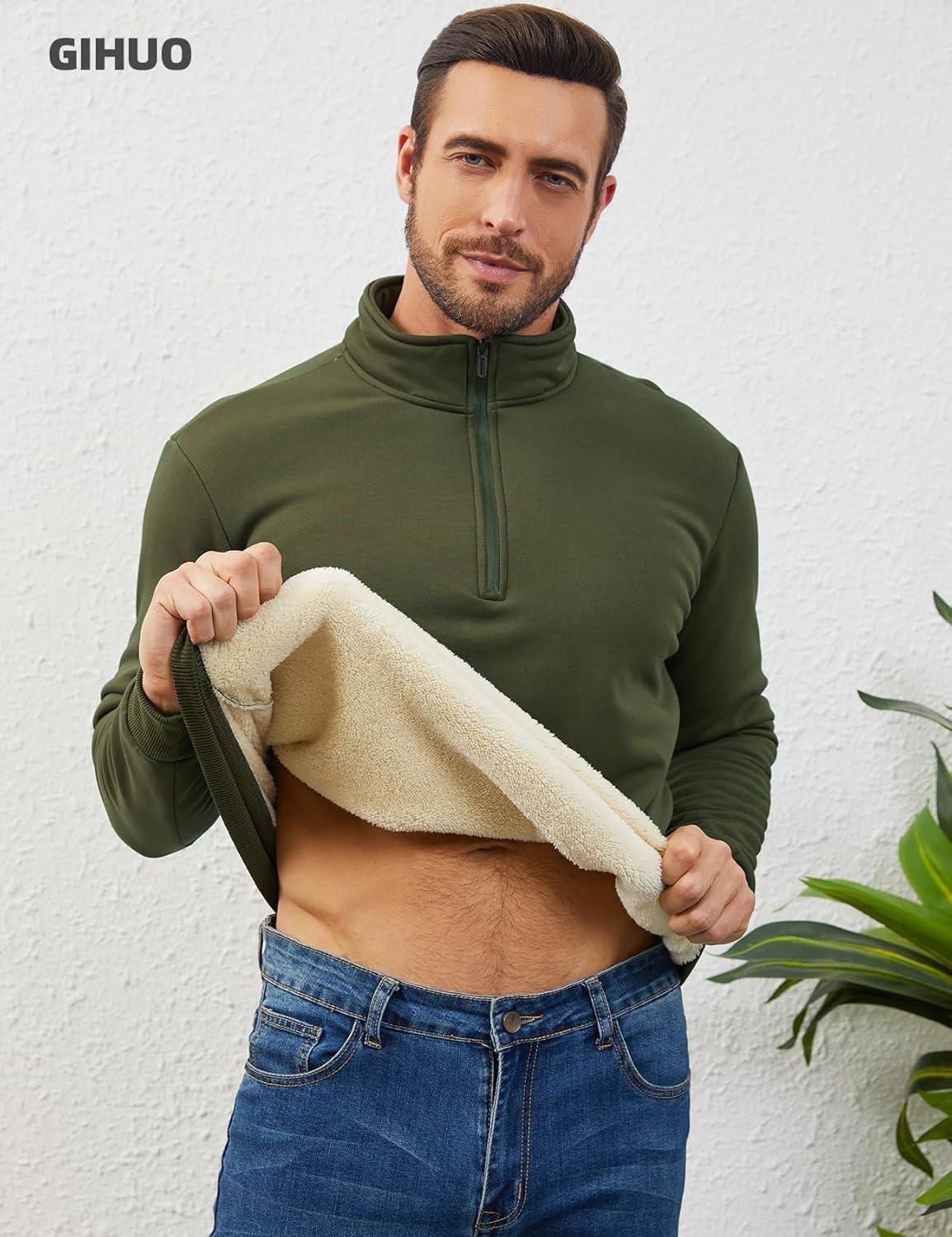 imageGihuo Mens Quarter Zip Sweatshirts Winter Warm Sherpa Fleece Lined Pullover SweatshirtsArmy