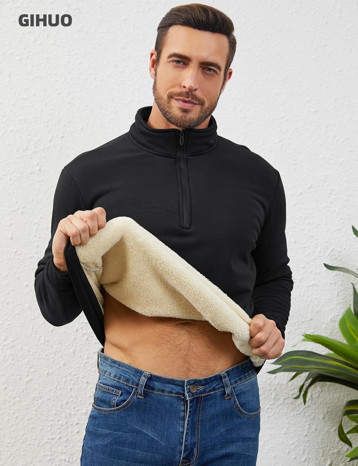 imageGihuo Mens Quarter Zip Sweatshirts Winter Warm Sherpa Fleece Lined Pullover SweatshirtsBlack
