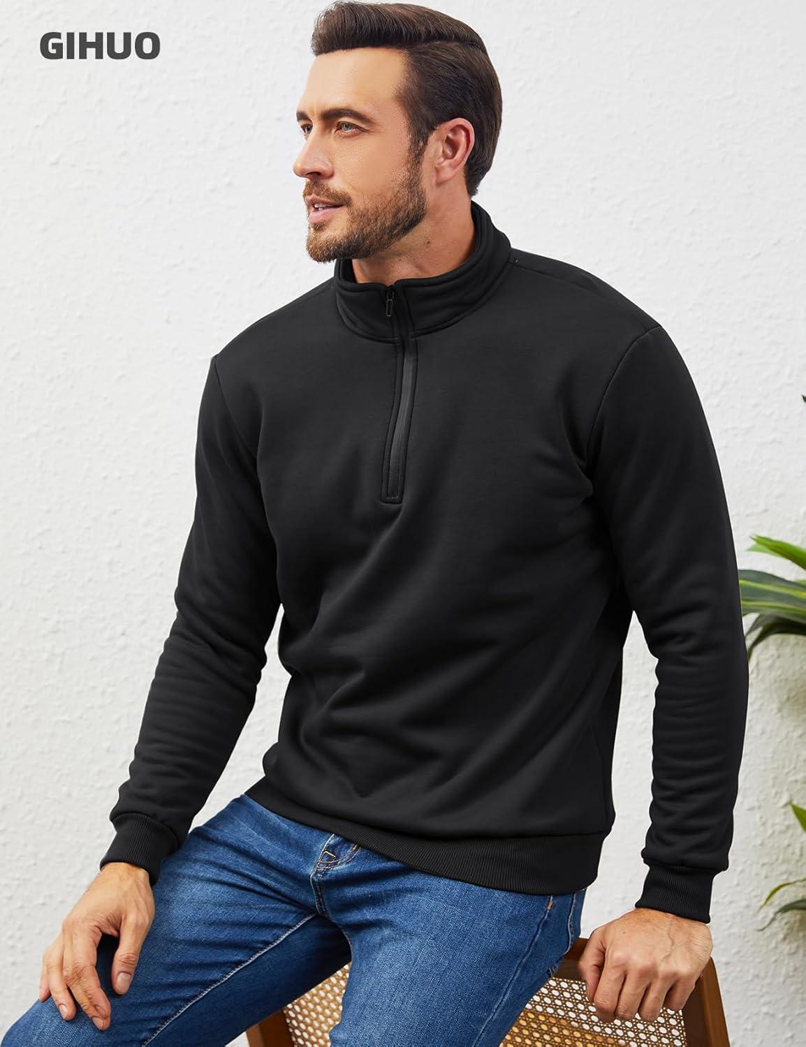imageGihuo Mens Quarter Zip Sweatshirts Winter Warm Sherpa Fleece Lined Pullover SweatshirtsBlack