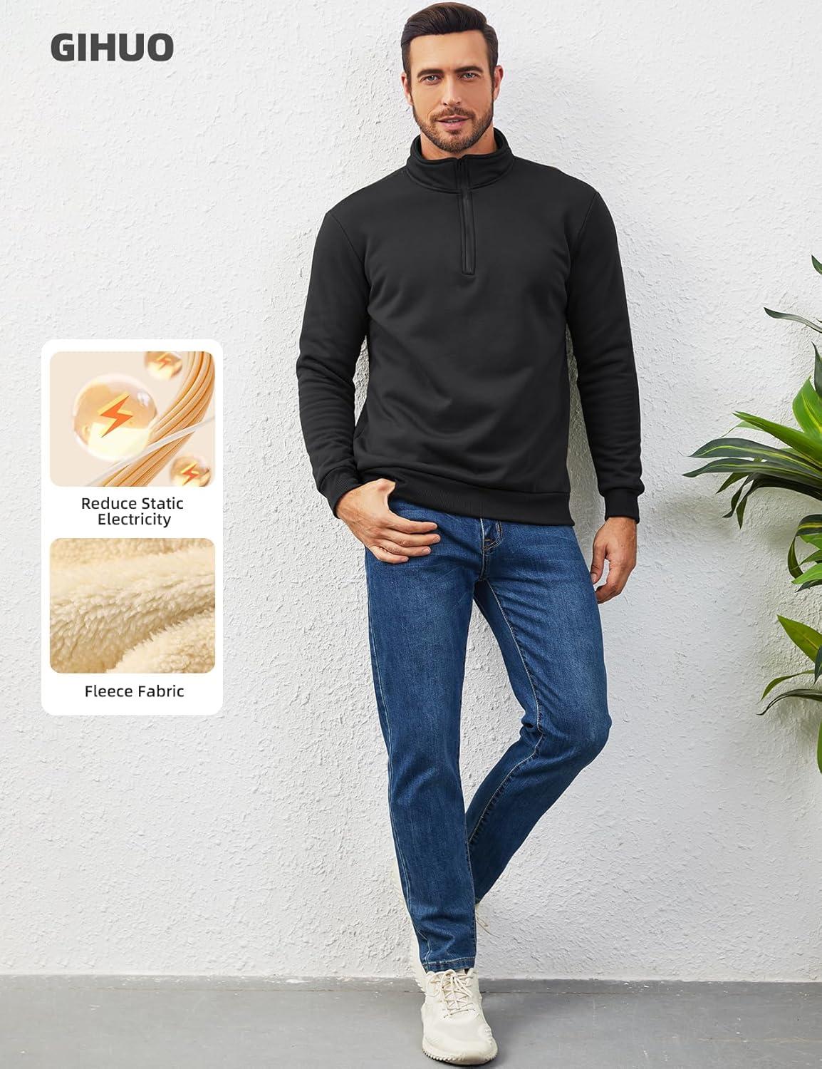 imageGihuo Mens Quarter Zip Sweatshirts Winter Warm Sherpa Fleece Lined Pullover SweatshirtsBlack