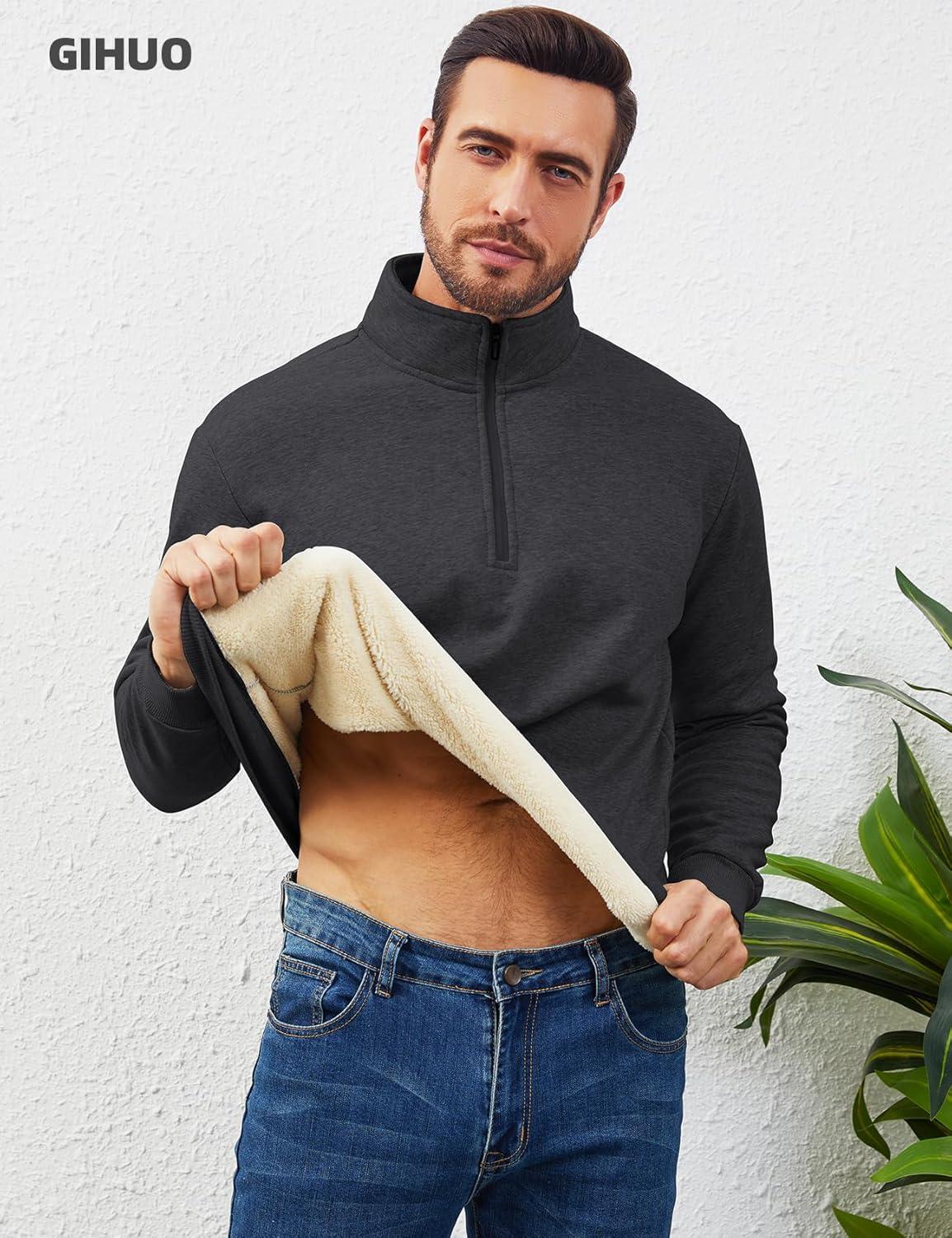 imageGihuo Mens Quarter Zip Sweatshirts Winter Warm Sherpa Fleece Lined Pullover SweatshirtsDarkgrey