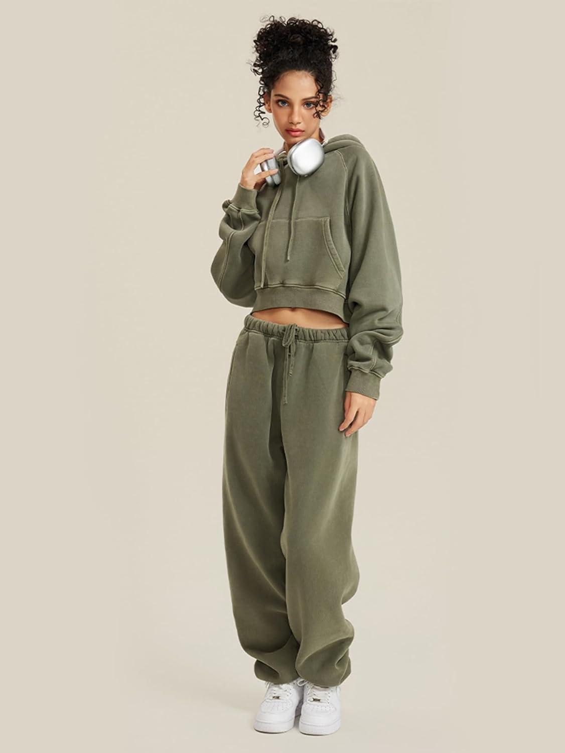 imageGihuo Womens Cropped Hoodie Acid Wash Fleece Lined Oversized Short Pullover SweatshirtArmygreen