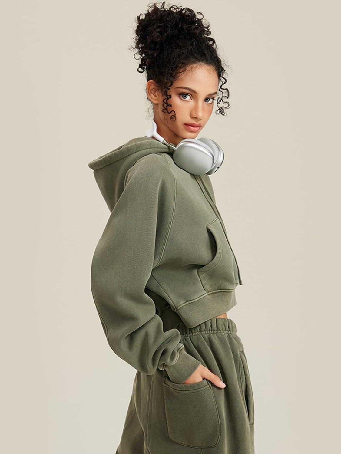 imageGihuo Womens Cropped Hoodie Acid Wash Fleece Lined Oversized Short Pullover SweatshirtArmygreen