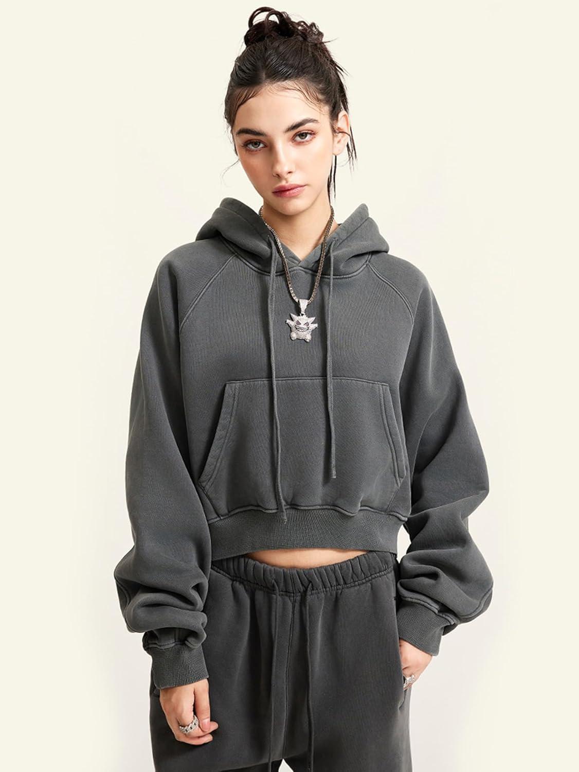 imageGihuo Womens Cropped Hoodie Acid Wash Fleece Lined Oversized Short Pullover SweatshirtDarkgrey