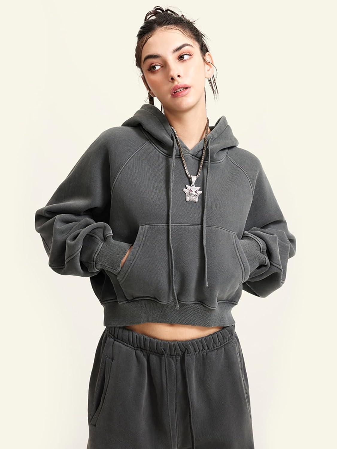 imageGihuo Womens Cropped Hoodie Acid Wash Fleece Lined Oversized Short Pullover SweatshirtDarkgrey