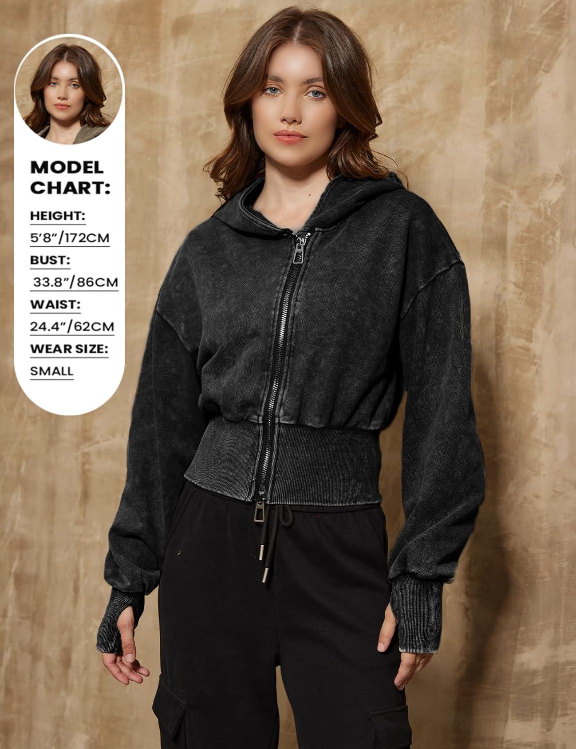 imageGihuo Womens Cropped Hoodie Zip Up Sweatshirt Long Sleeve Hooded Workout Jacket 2026 Washed Crop TopBlack