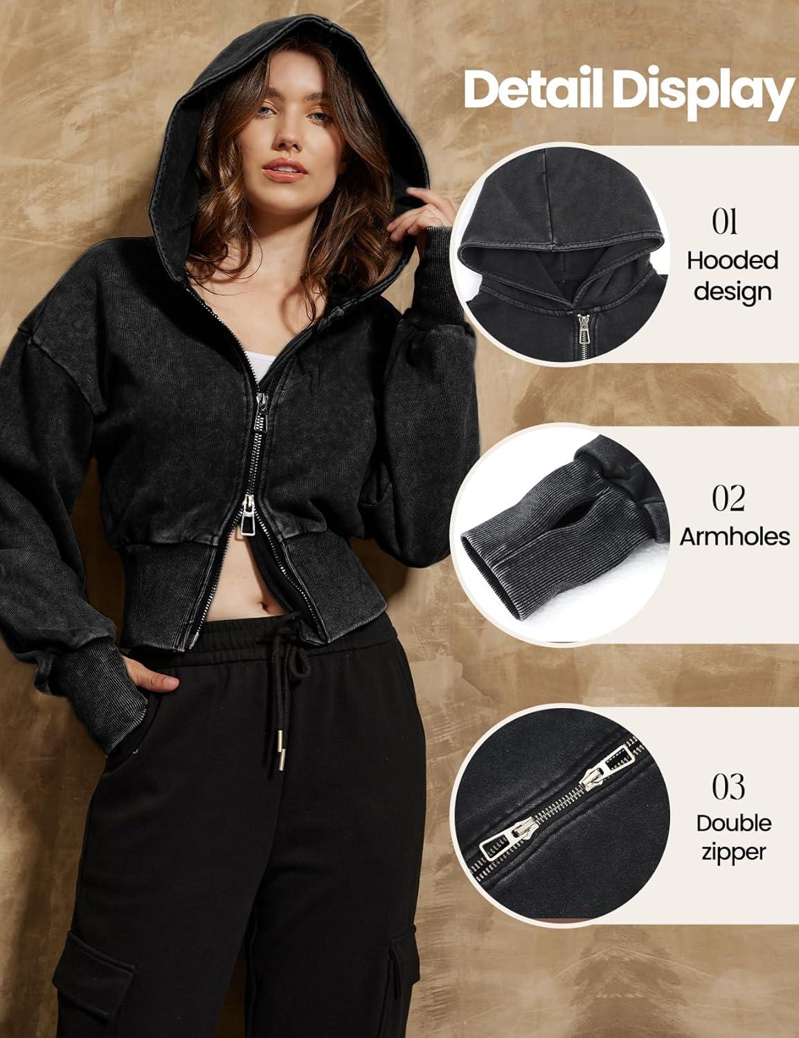 imageGihuo Womens Cropped Hoodie Zip Up Sweatshirt Long Sleeve Hooded Workout Jacket 2026 Washed Crop TopBlack