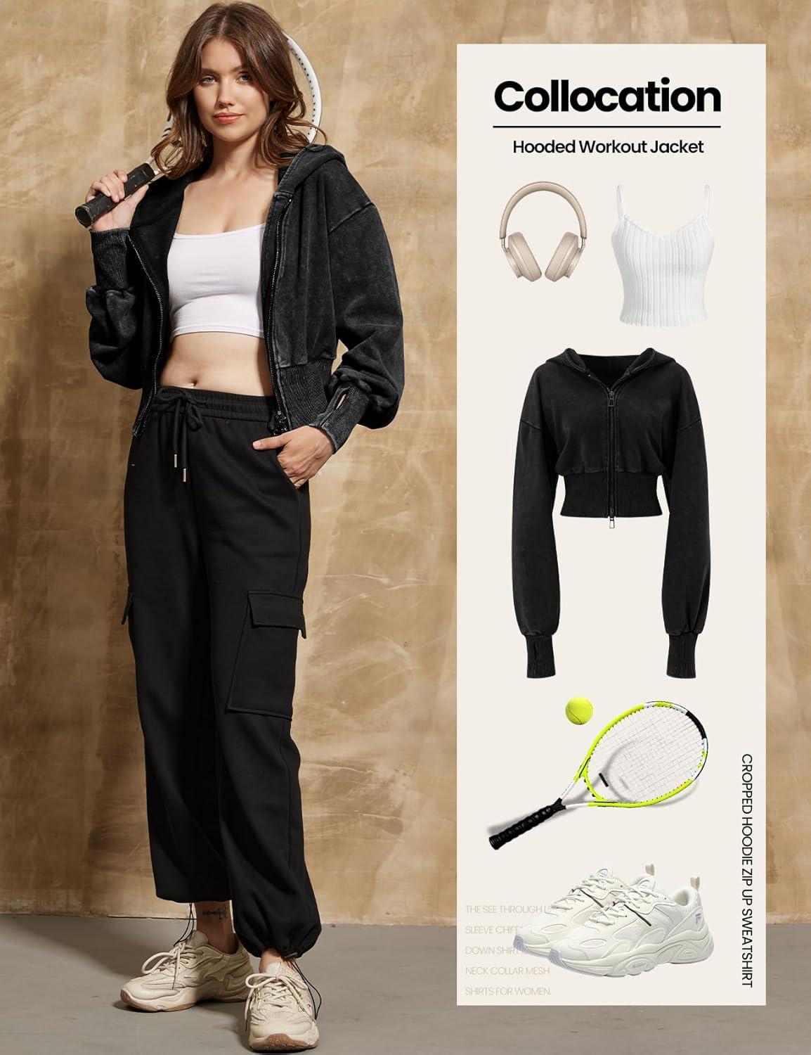 imageGihuo Womens Cropped Hoodie Zip Up Sweatshirt Long Sleeve Hooded Workout Jacket 2026 Washed Crop TopBlack