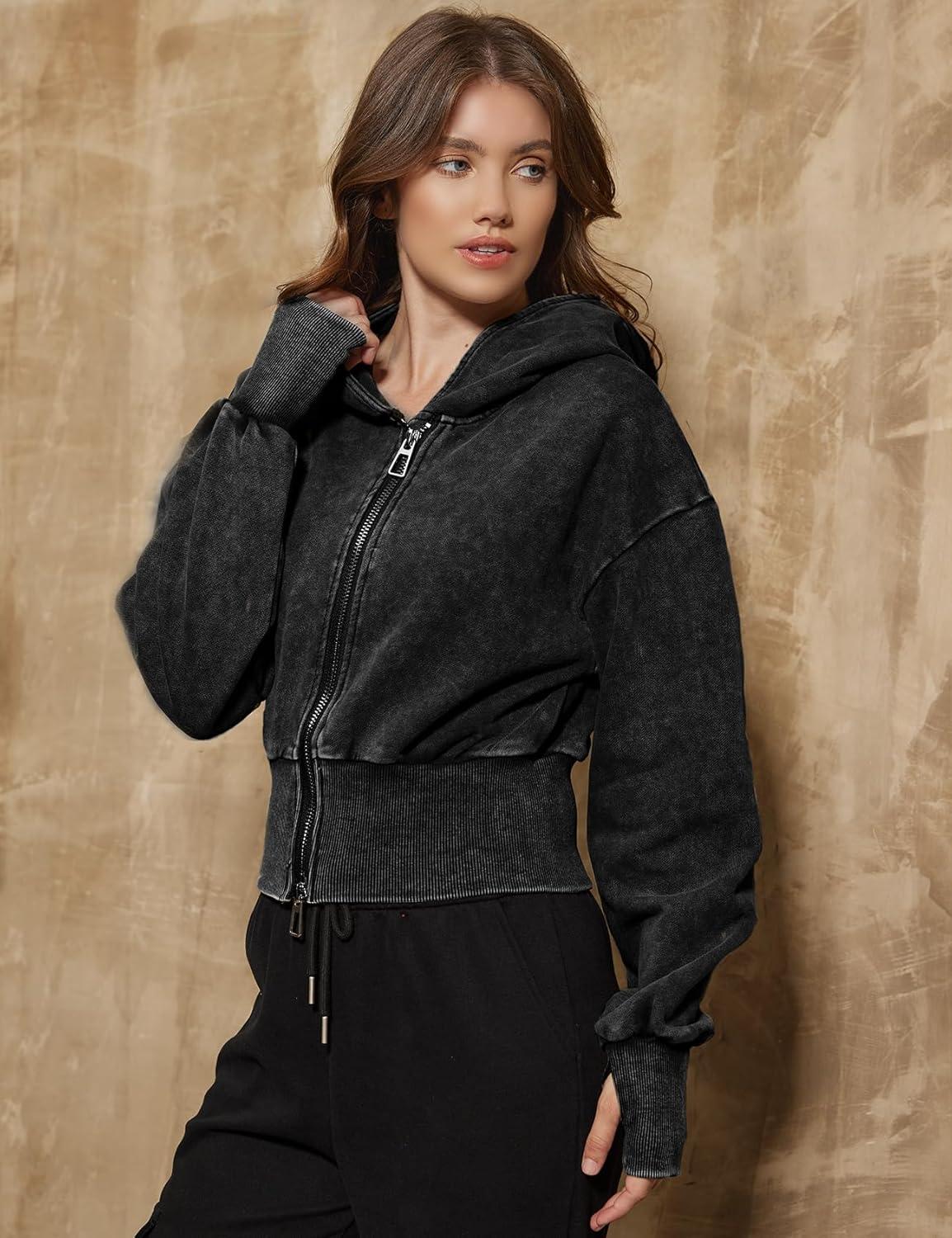 imageGihuo Womens Cropped Hoodie Zip Up Sweatshirt Long Sleeve Hooded Workout Jacket 2026 Washed Crop TopBlack
