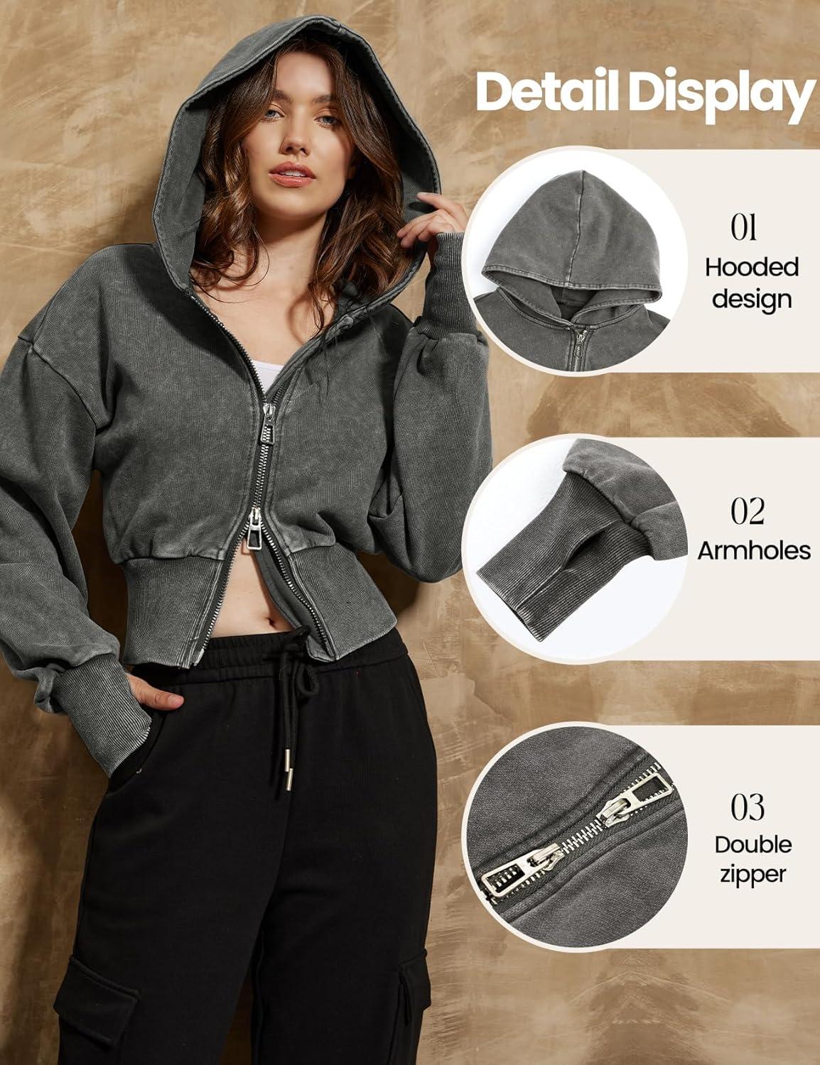 imageGihuo Womens Cropped Hoodie Zip Up Sweatshirt Long Sleeve Hooded Workout Jacket 2026 Washed Crop TopGrey