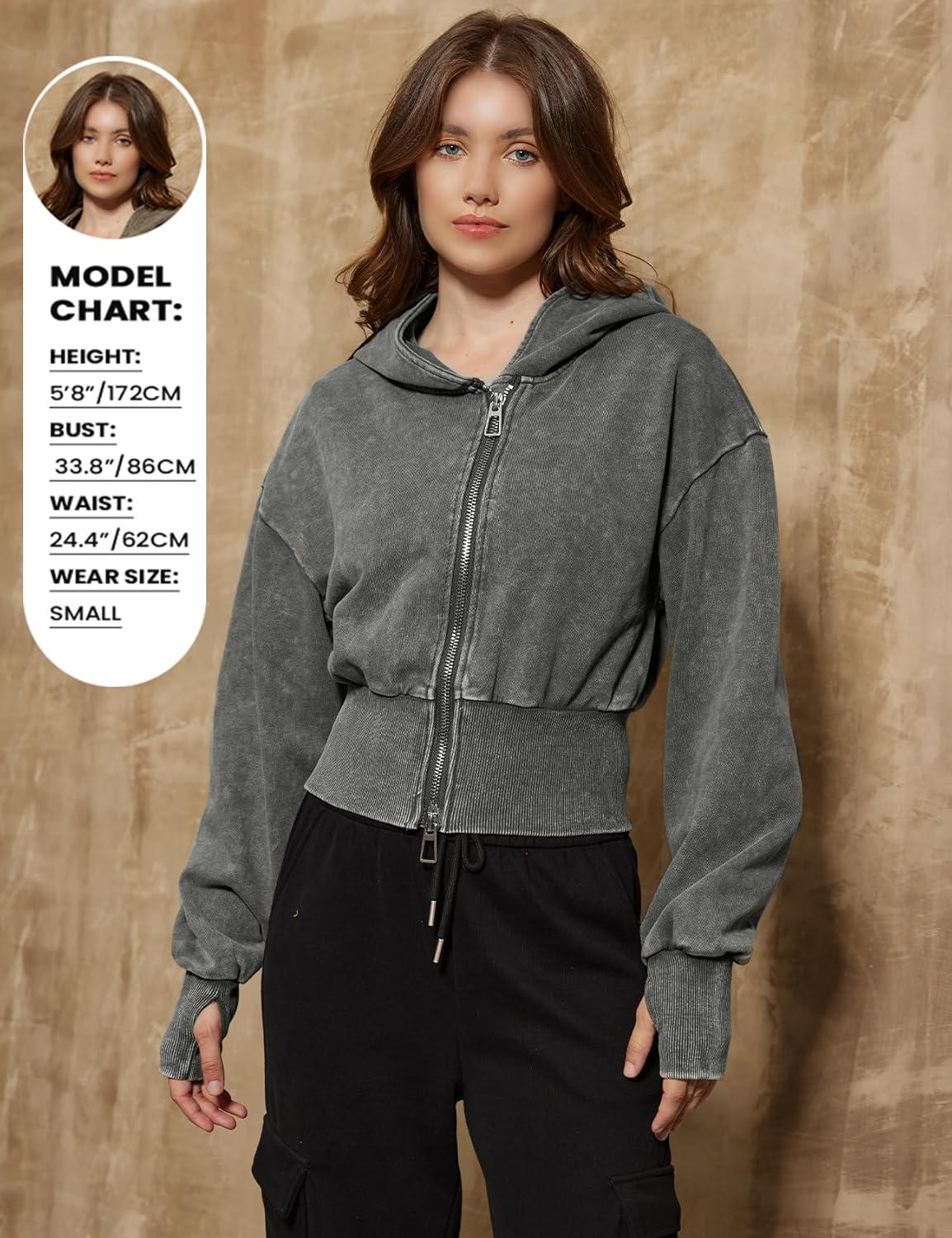 imageGihuo Womens Cropped Hoodie Zip Up Sweatshirt Long Sleeve Hooded Workout Jacket 2026 Washed Crop TopGrey
