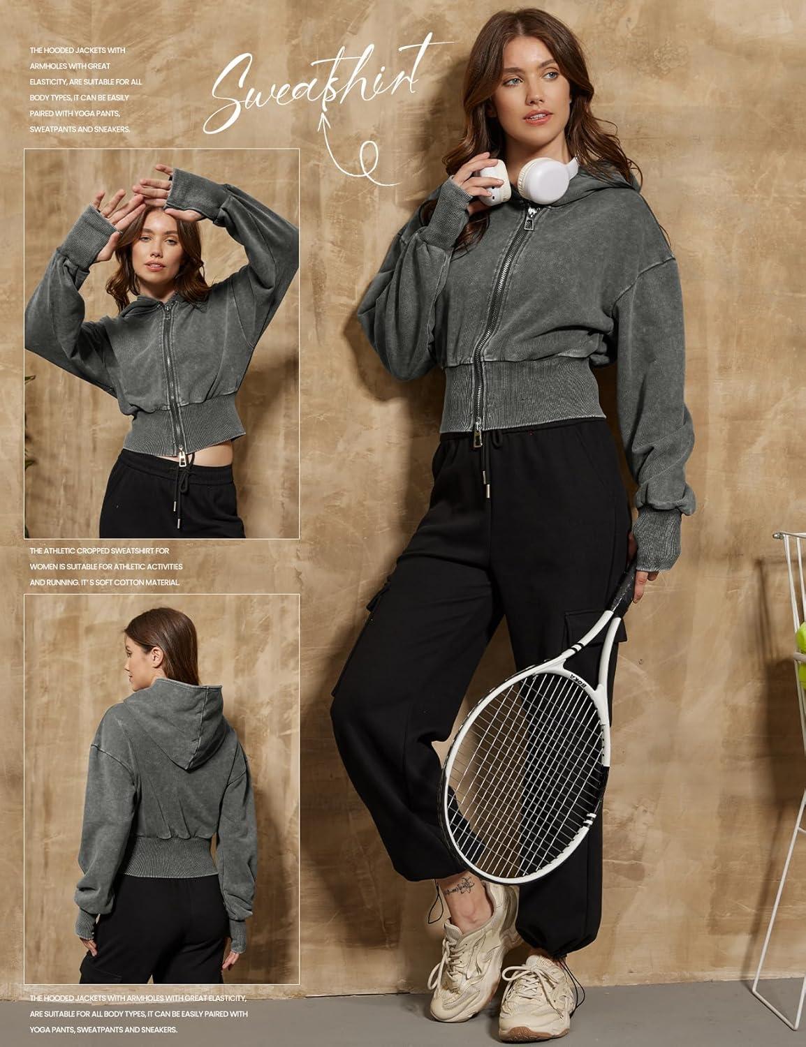imageGihuo Womens Cropped Hoodie Zip Up Sweatshirt Long Sleeve Hooded Workout Jacket 2026 Washed Crop TopGrey