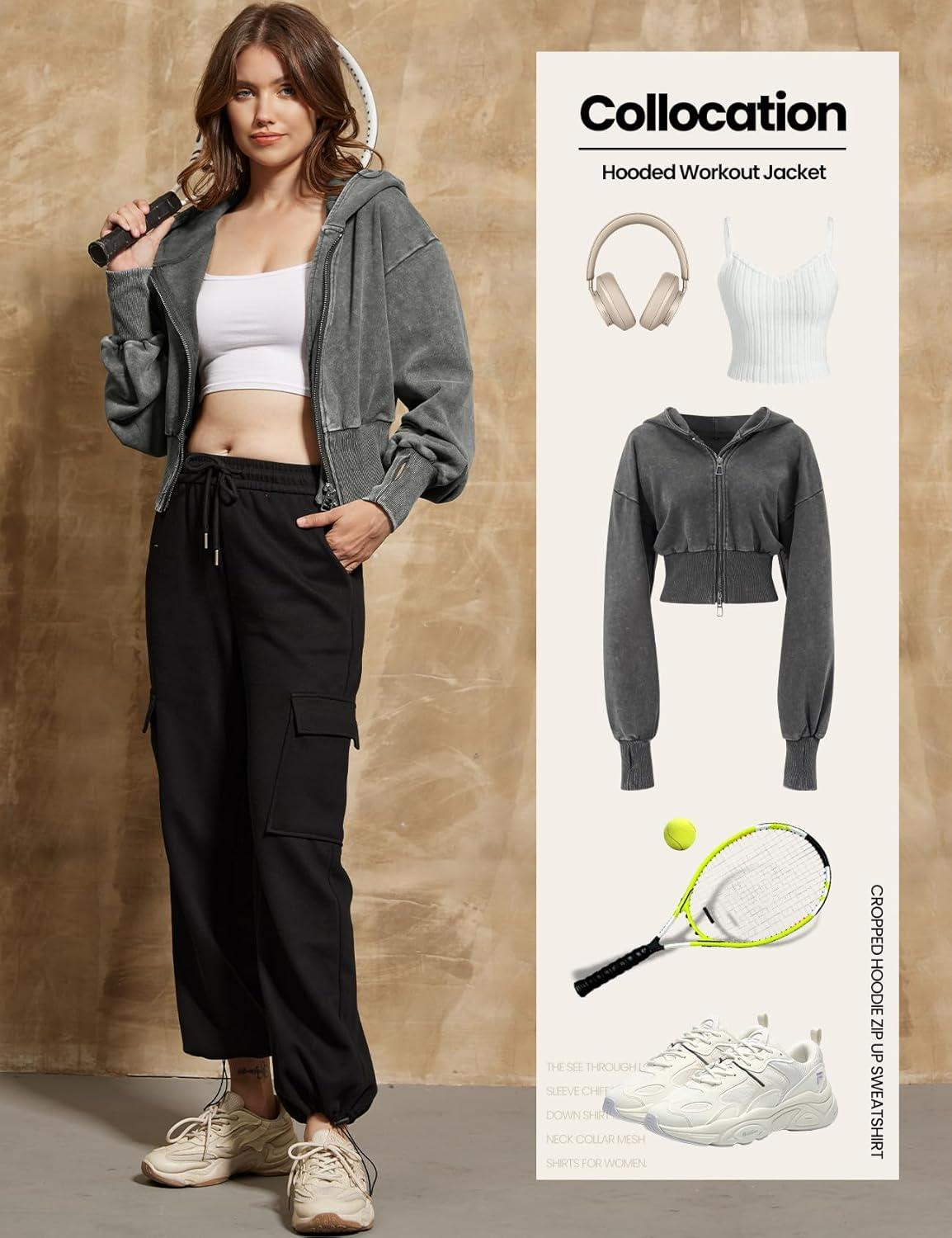 imageGihuo Womens Cropped Hoodie Zip Up Sweatshirt Long Sleeve Hooded Workout Jacket 2026 Washed Crop TopGrey