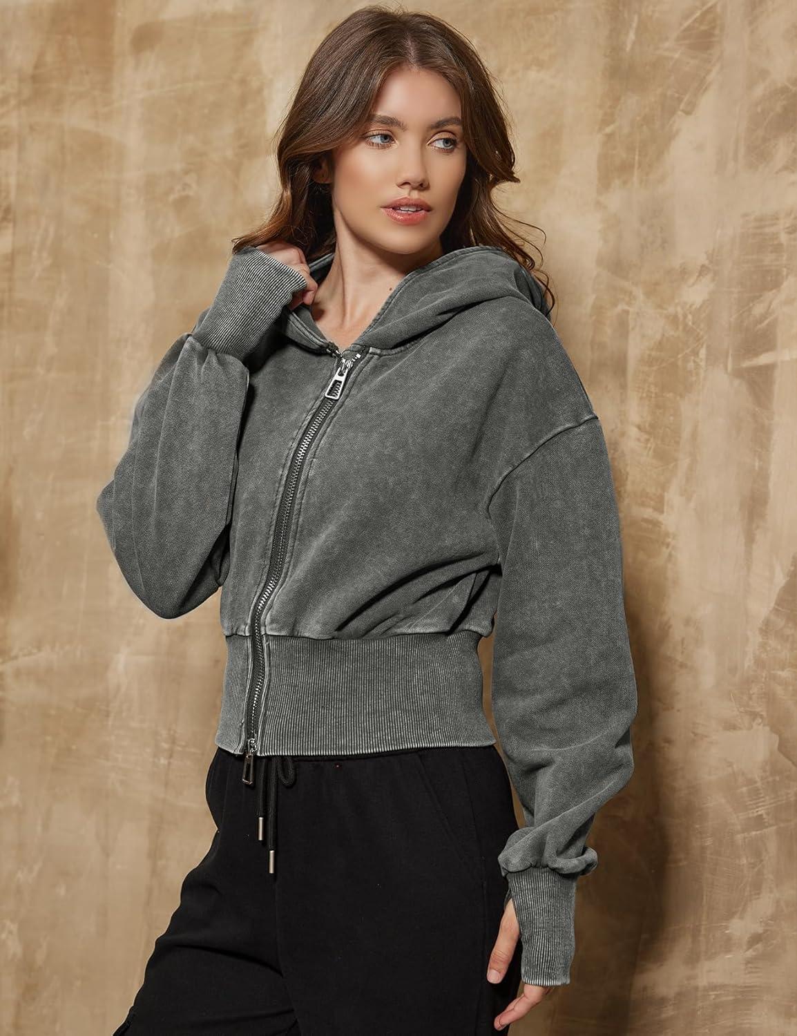 imageGihuo Womens Cropped Hoodie Zip Up Sweatshirt Long Sleeve Hooded Workout Jacket 2026 Washed Crop TopGrey