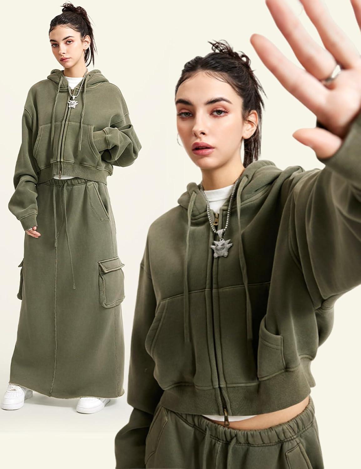imageGihuo Womens Cropped ZipUp Hoodie Acid Wash Double Zipper Short SweatshirtArmygreen