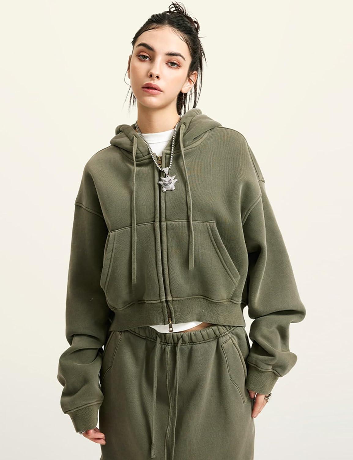 imageGihuo Womens Cropped ZipUp Hoodie Acid Wash Double Zipper Short SweatshirtArmygreen