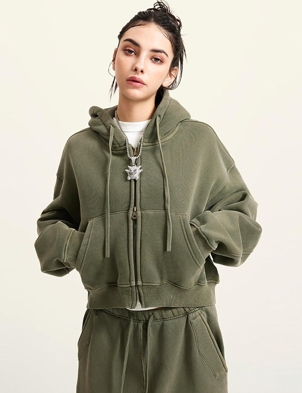 imageGihuo Womens Cropped ZipUp Hoodie Acid Wash Double Zipper Short SweatshirtArmygreen
