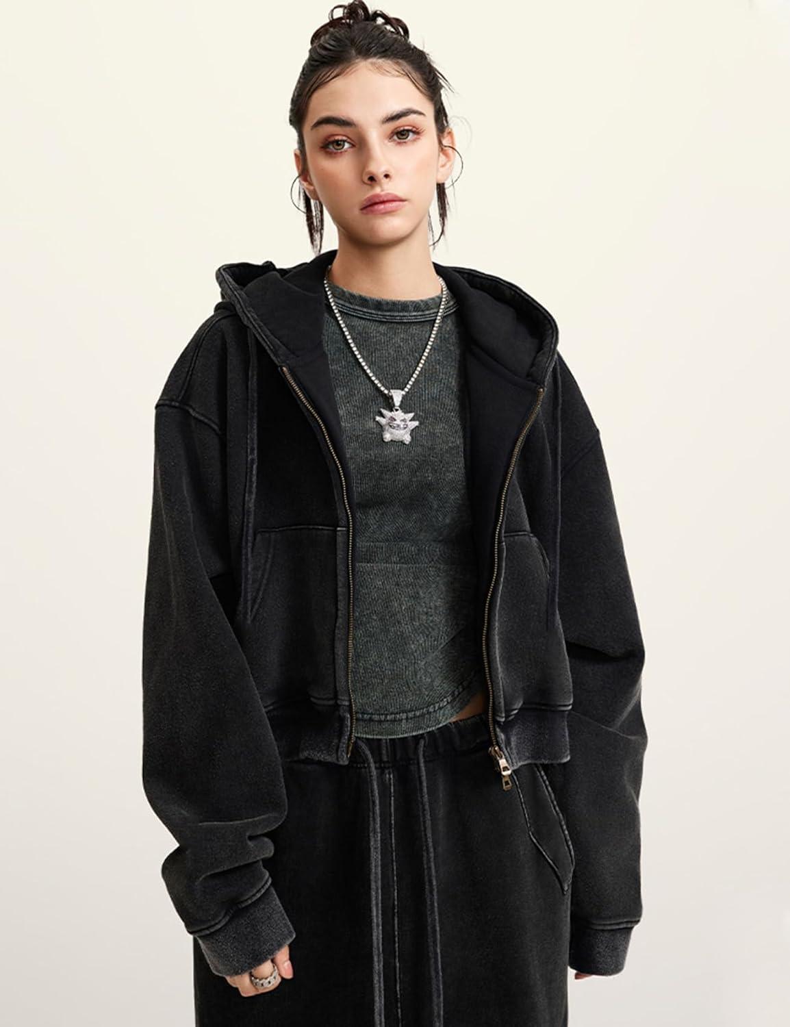 imageGihuo Womens Cropped ZipUp Hoodie Acid Wash Double Zipper Short SweatshirtBlack