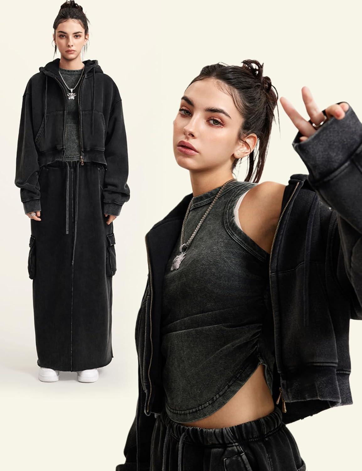 imageGihuo Womens Cropped ZipUp Hoodie Acid Wash Double Zipper Short SweatshirtBlack