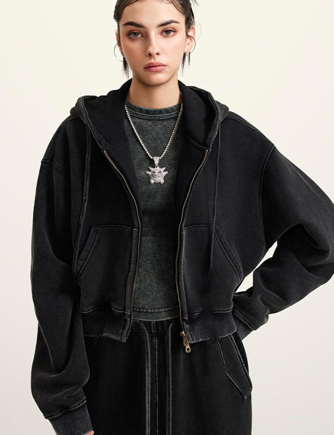 imageGihuo Womens Cropped ZipUp Hoodie Acid Wash Double Zipper Short SweatshirtBlack