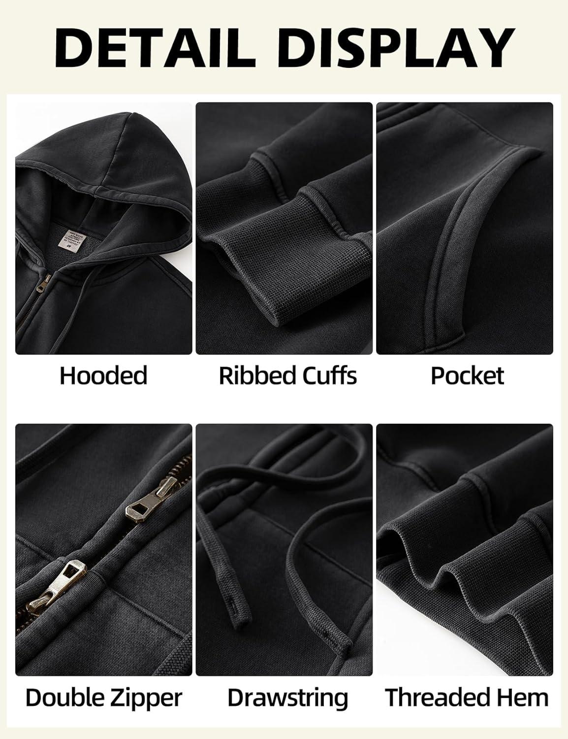 imageGihuo Womens Cropped ZipUp Hoodie Acid Wash Double Zipper Short SweatshirtBlack