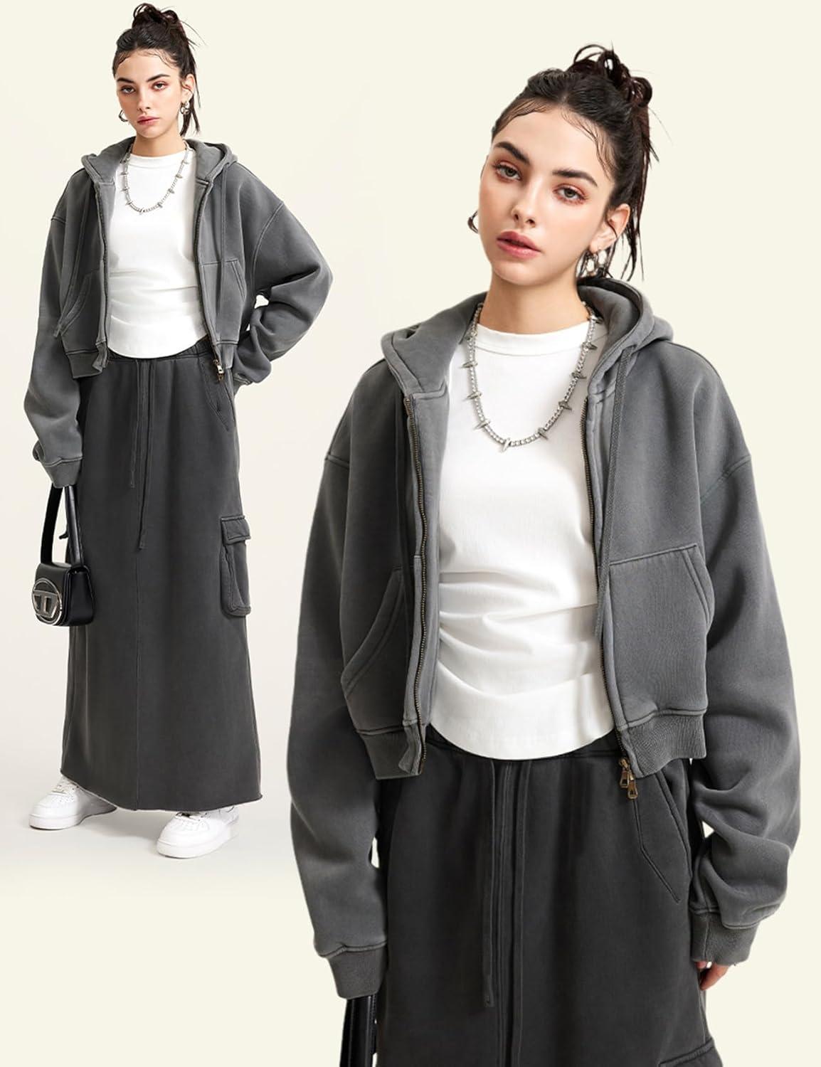 imageGihuo Womens Cropped ZipUp Hoodie Acid Wash Double Zipper Short SweatshirtDarkgrey