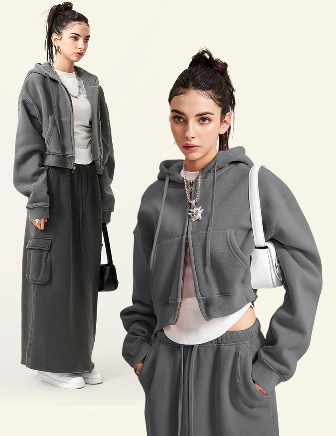 imageGihuo Womens Cropped ZipUp Hoodie Acid Wash Double Zipper Short SweatshirtDarkgrey