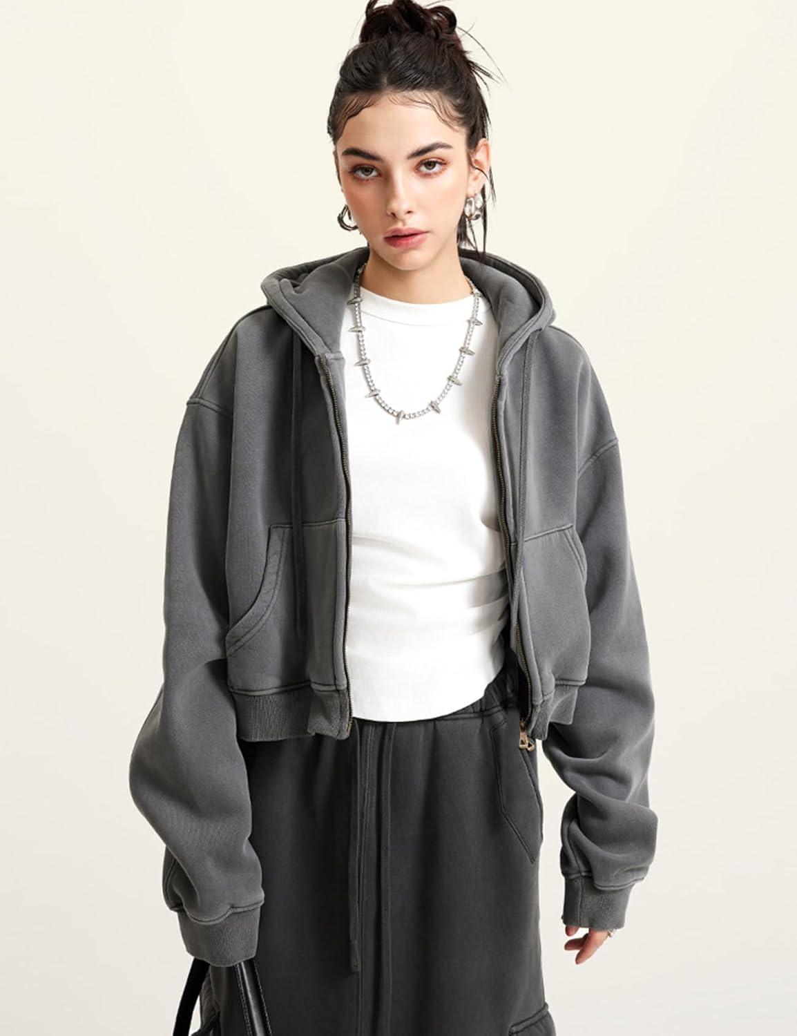 imageGihuo Womens Cropped ZipUp Hoodie Acid Wash Double Zipper Short SweatshirtDarkgrey