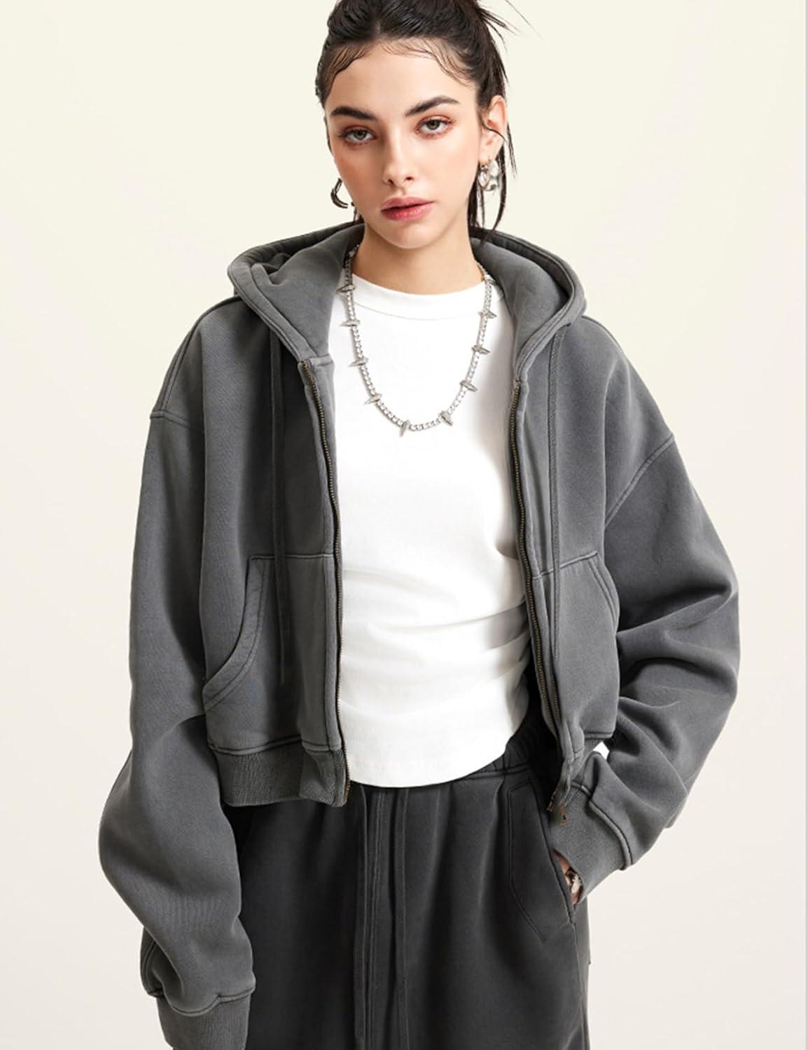 imageGihuo Womens Cropped ZipUp Hoodie Acid Wash Double Zipper Short SweatshirtDarkgrey