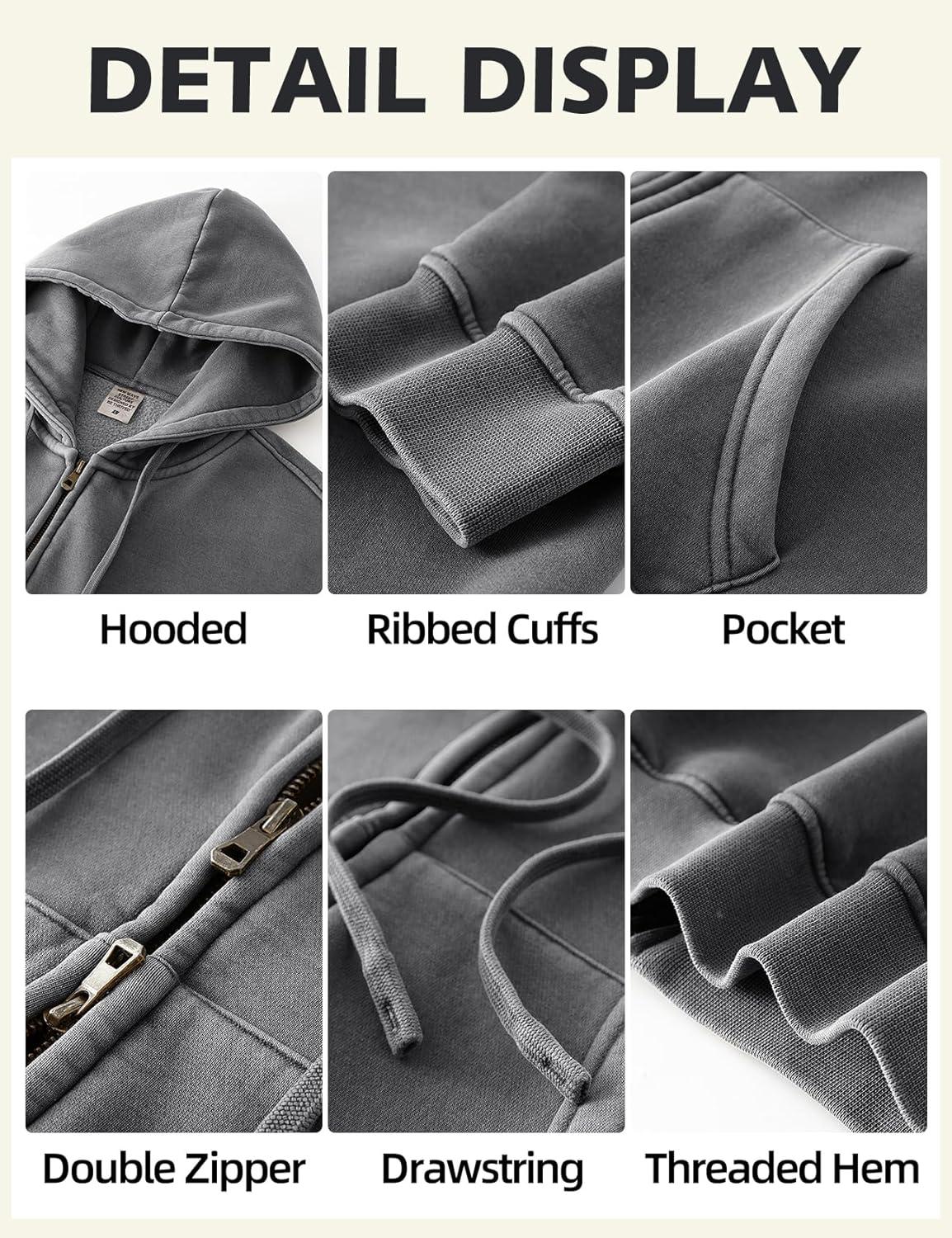 imageGihuo Womens Cropped ZipUp Hoodie Acid Wash Double Zipper Short SweatshirtDarkgrey