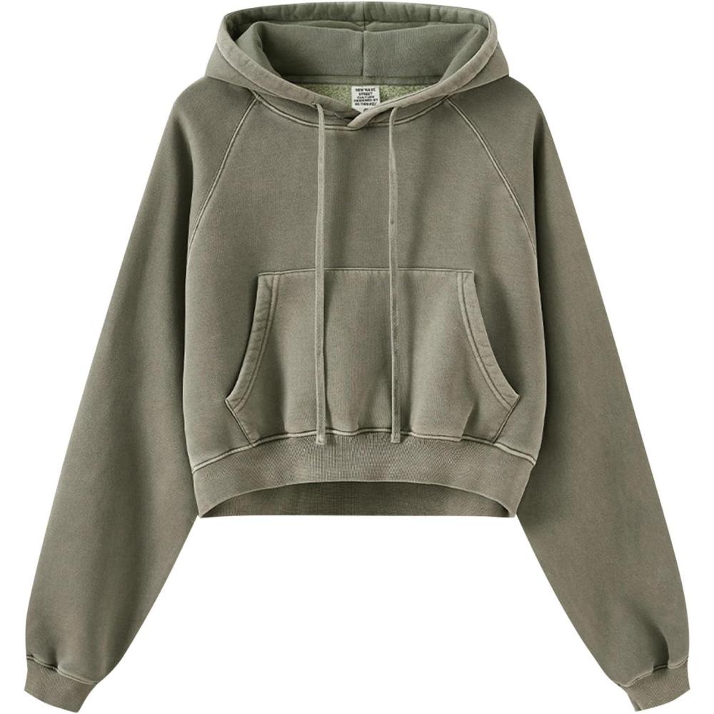 imageGihuo Womens Cropped Hoodie Acid Wash Fleece Lined Oversized Short Pullover SweatshirtArmygreen