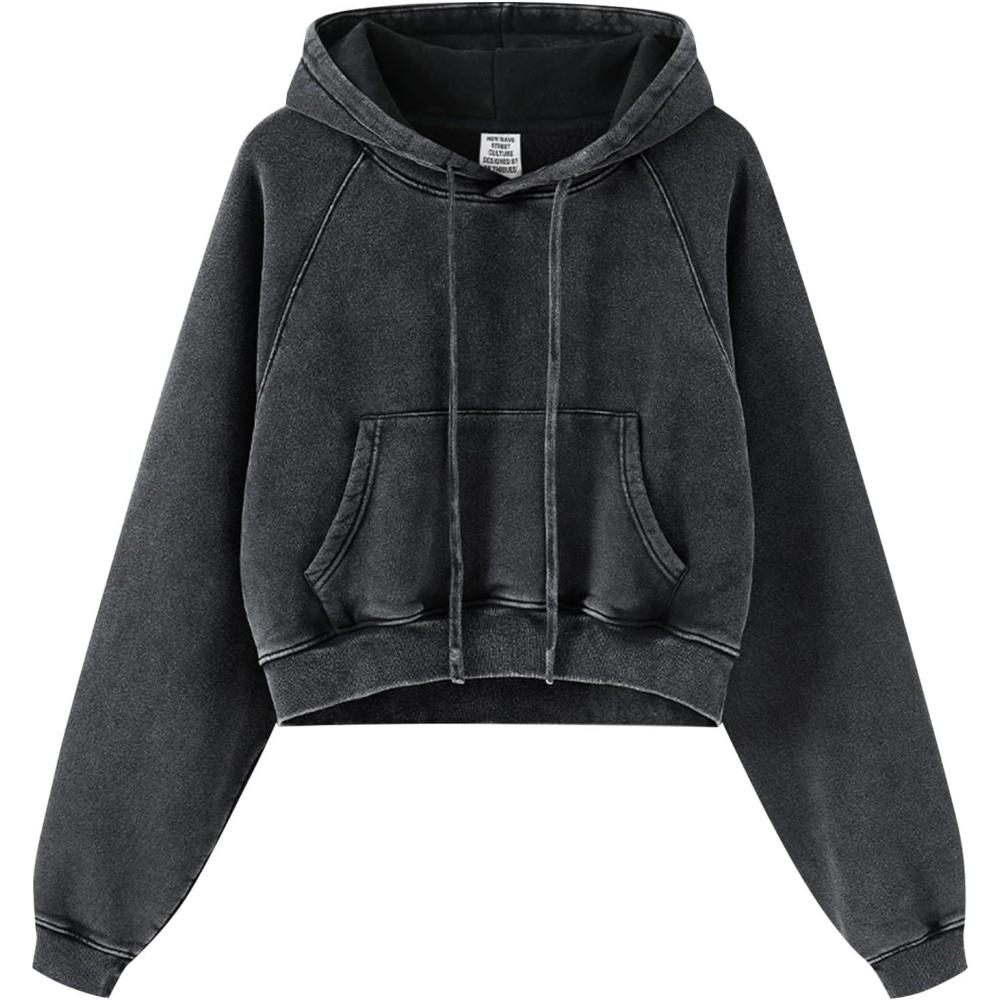 imageGihuo Womens Cropped Hoodie Acid Wash Fleece Lined Oversized Short Pullover SweatshirtBlack