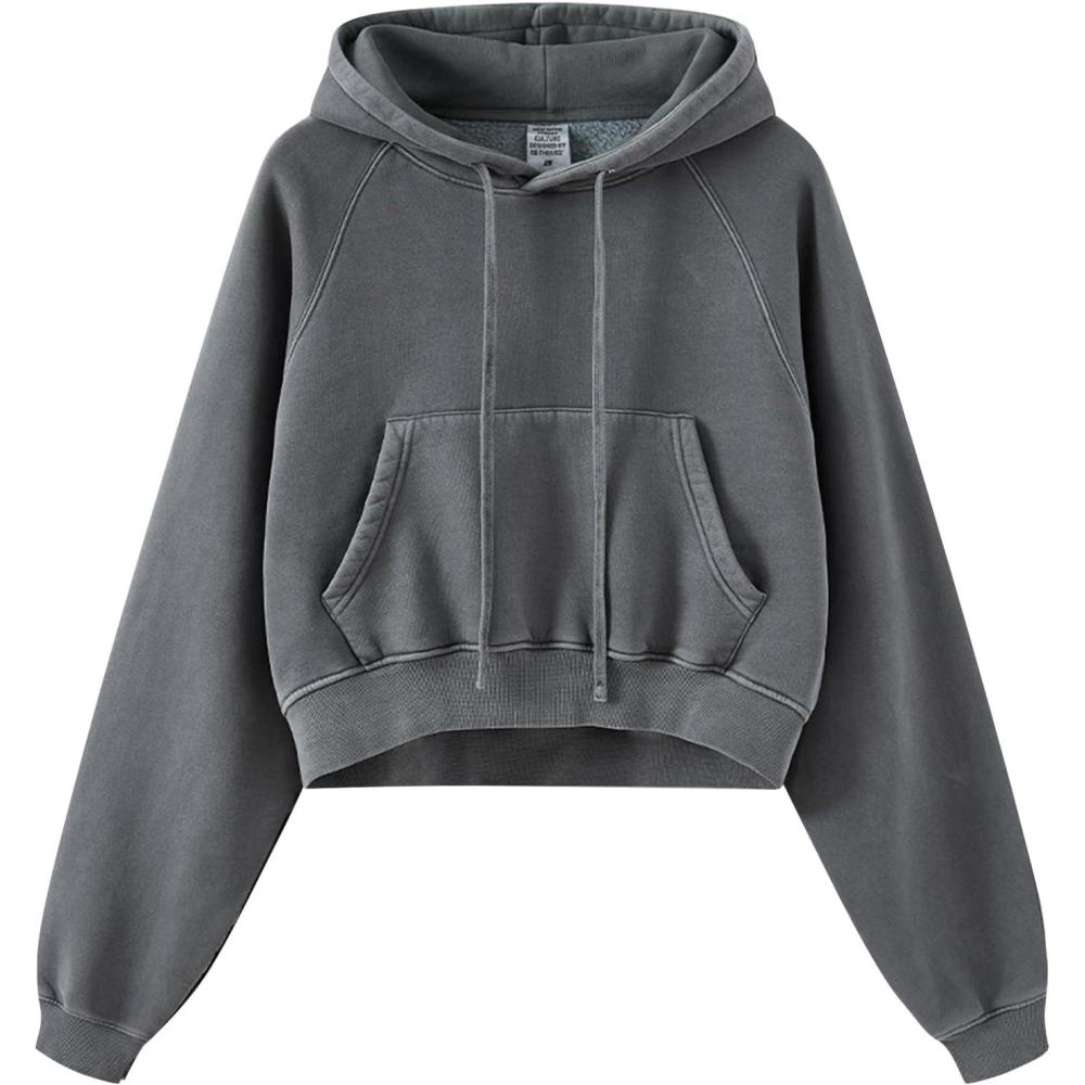 imageGihuo Womens Cropped Hoodie Acid Wash Fleece Lined Oversized Short Pullover SweatshirtDarkgrey