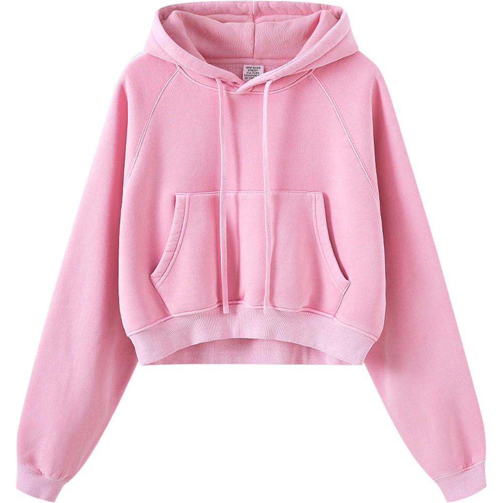 imageGihuo Womens Cropped Hoodie Acid Wash Fleece Lined Oversized Short Pullover SweatshirtPink